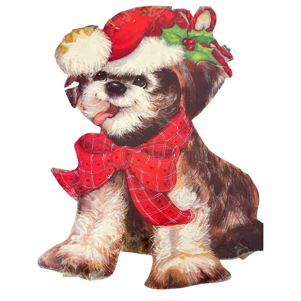 Vintage Eureka Holiday Puppy Dog Die Cut Double Sided Red Bow Hat Holly 15"